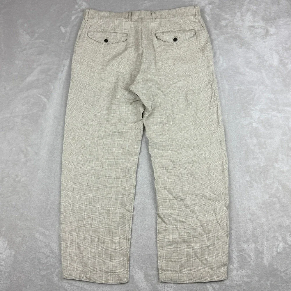 VTG J.Crew Linen Pants Men 34x30 Fit 36x28.5 Beige Tan Glen Plaid Oarsman Preppy - Picture 5 of 13